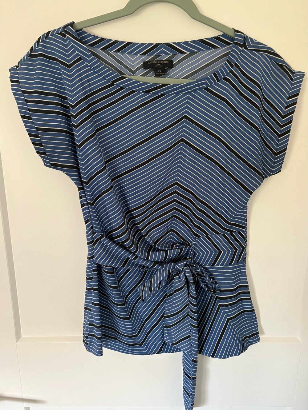 Banana Republic Blue and Black Striped Tie-Waist Blouse